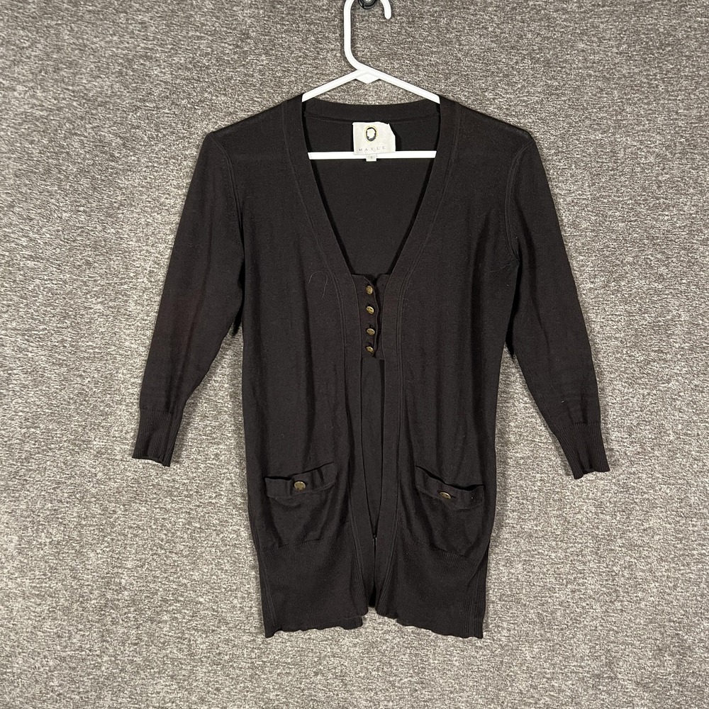 Mayle Cardigan Sweater Womens Small Black 100%‎ Cotton V Neck Longline Pockets